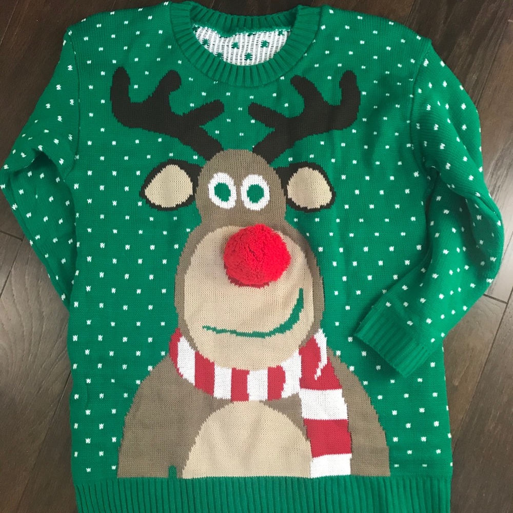 Green reindeer ugly Christmas sweater w/ Pom nose